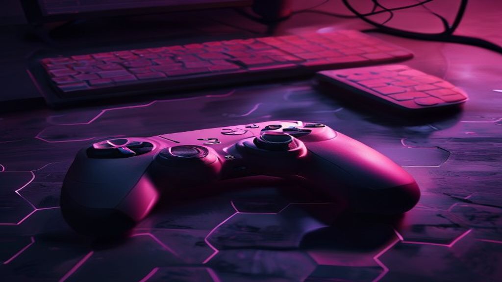 Illustration for In Falsus controller support — a gamepad lying unused in shadow while a keyboard and mouse glow on a dark desk