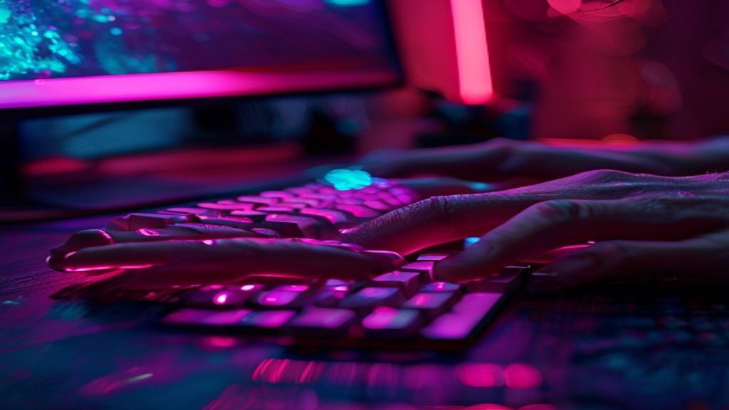 Illustration for In Falsus beginner tips — a glowing keyboard and mouse on a dark desk with pink neon accents