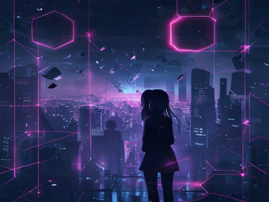 In Falsus key art — a girl overlooking a shattered neon city under a hexagonal grid